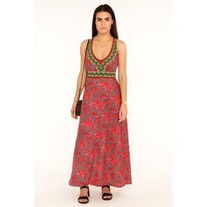 Ariana Red Floral Silk Sateen Maxi Dress Sleeveless Small